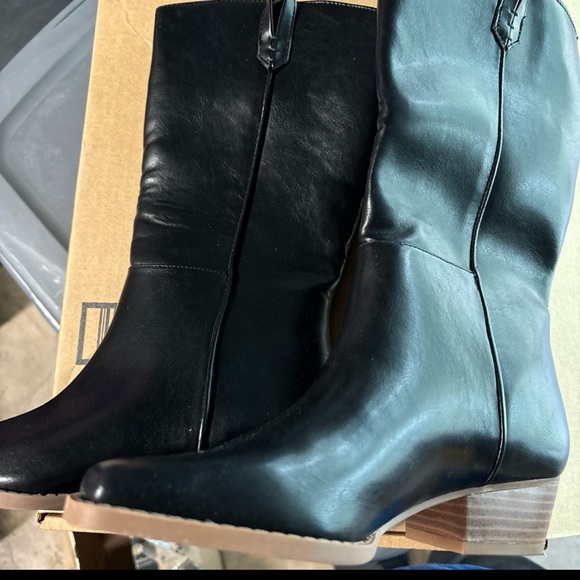 Cowboy Mid Calf Western Boots Fashion Square Toe Low Stacked Heel Pull On Handle - Picture 6 of 9